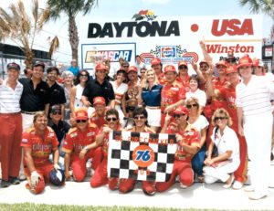 Tim Richmond 1986 Pepsi Firecracker 400 victory lane, Helen Myrick fourth from left, back row