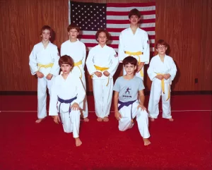 Michael Myrick (front right) karate blue belt test